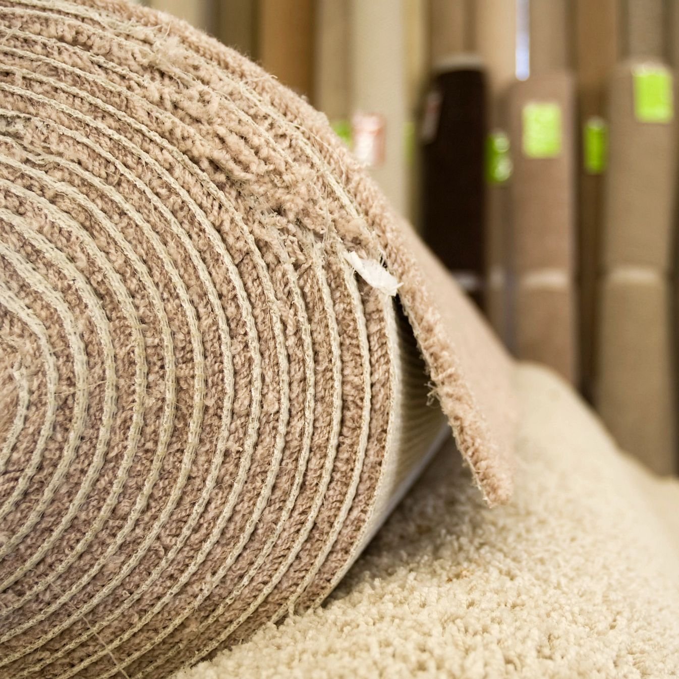 Rolls of Carpet/Curtains on Display from Gerami's Floors in Lafayette
